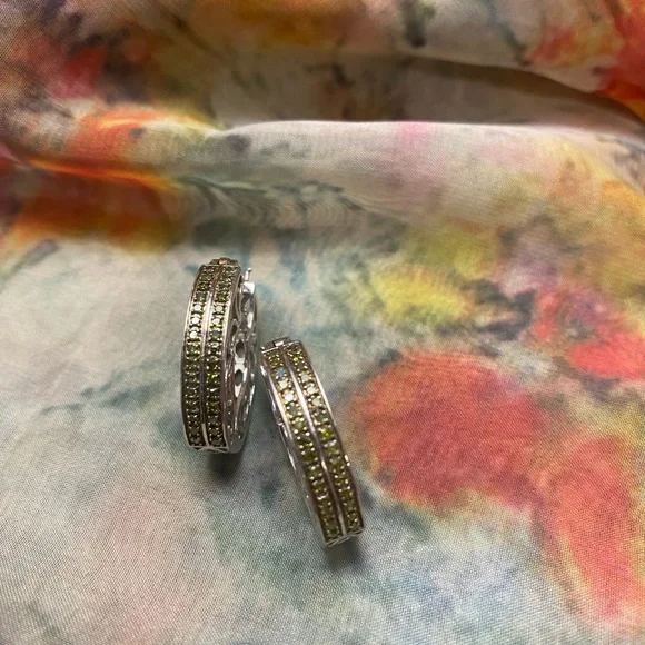 QVC Elegant Sterling Silver Earrings with Vibrant Green Diamonds. - Picture 3 of 7